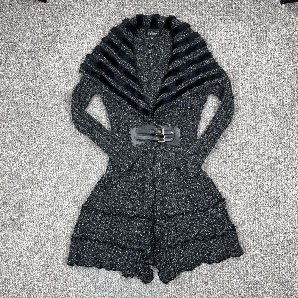 Vintage Cardigan Sweater Women M Gray Y2K Wool Mohair Fairy Grunge Belted Duster